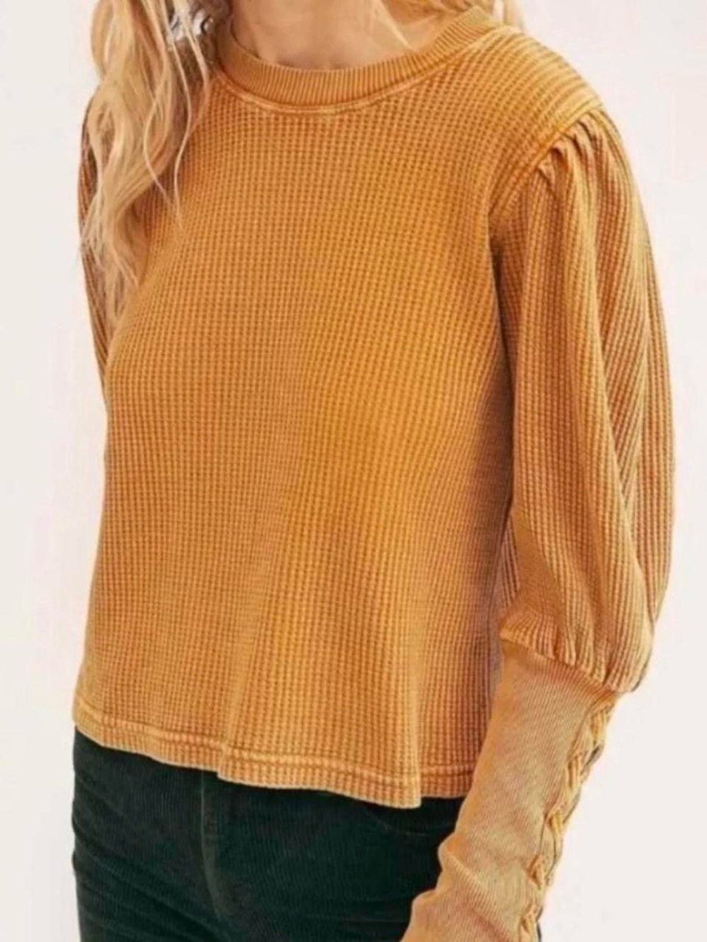 Free People One Tasha Thermal Yellow Waffle Knit Long Sleeve Blouse